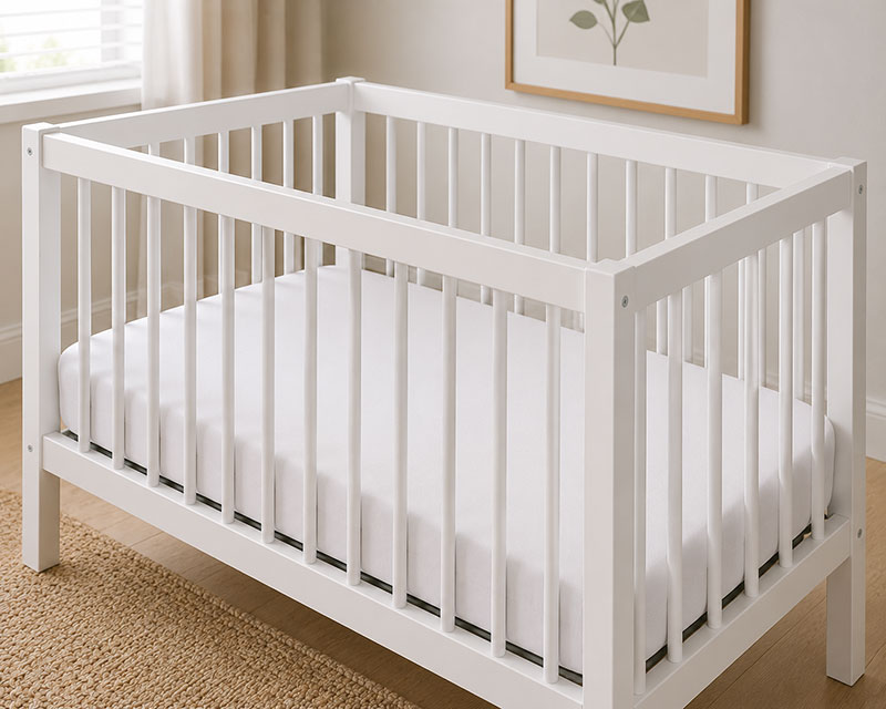 Close view of a firm crib mattress fitted snugly inside a white crib frame