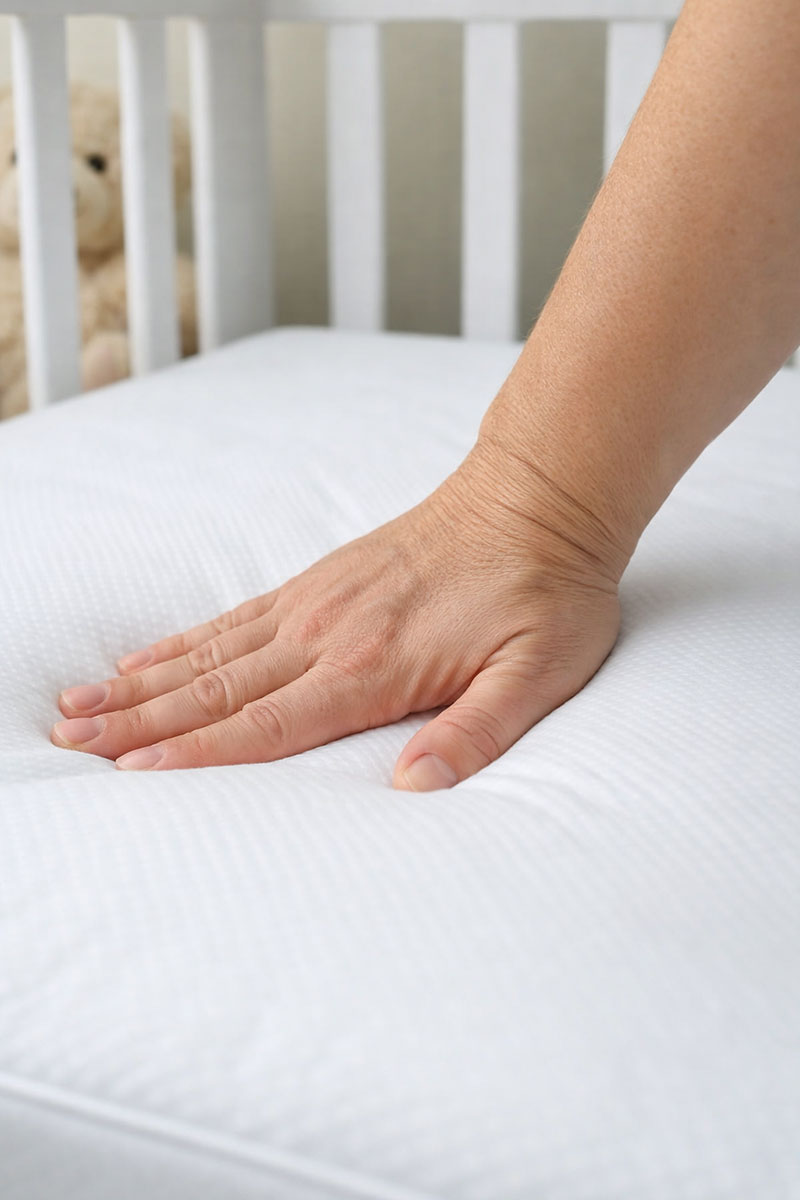 Hand pressing down on a firm crib mattress to demonstrate surface resistance