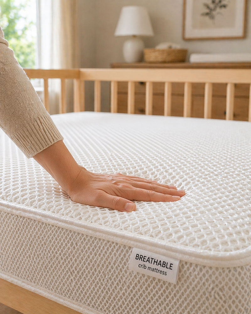 hand pressing crib mattress to test firmness and support