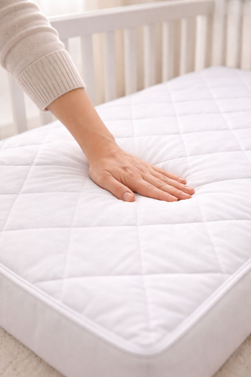 Testing firmness of crib mattress with hand press