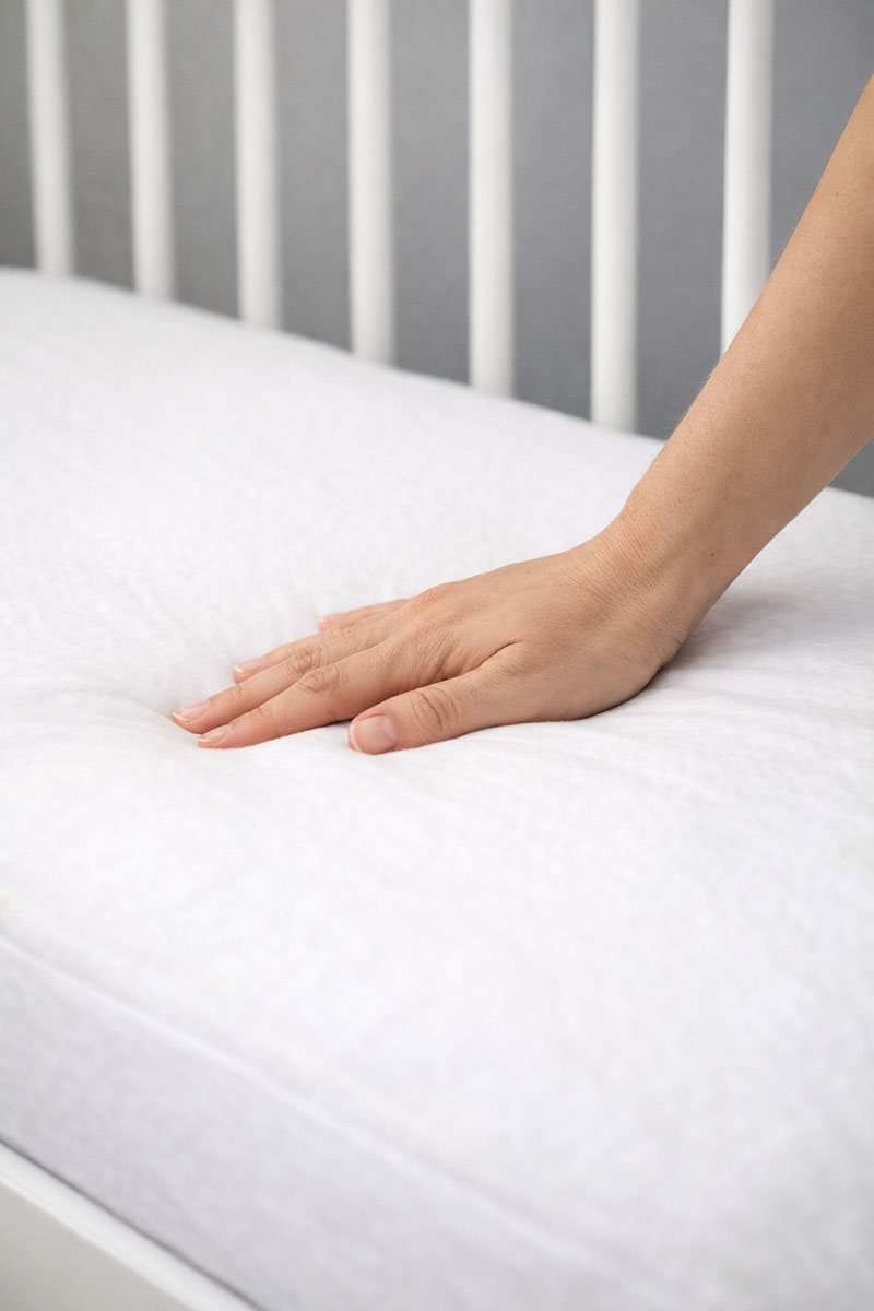Testing firmness of a crib mattress by pressing down with a hand to show proper infant mattress firmness