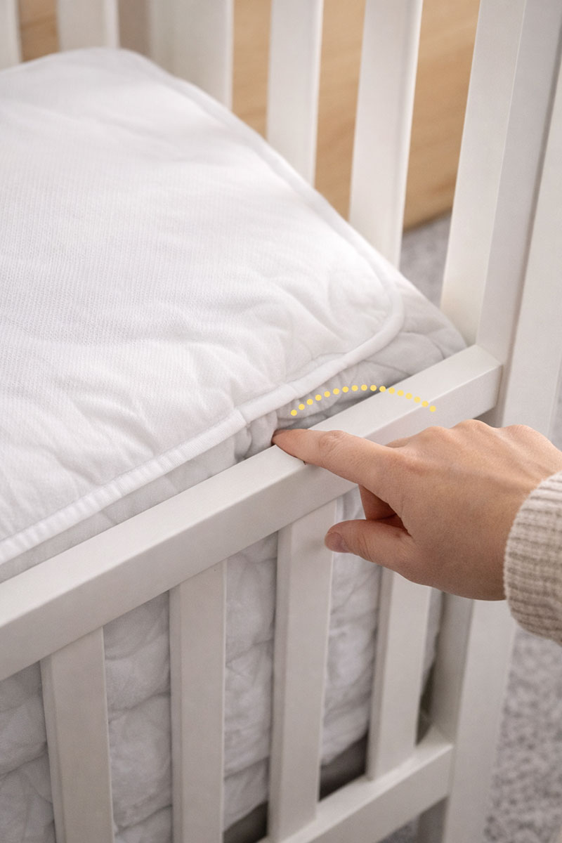 Parent checking crib mattress fit at the corner with a simple gap check
