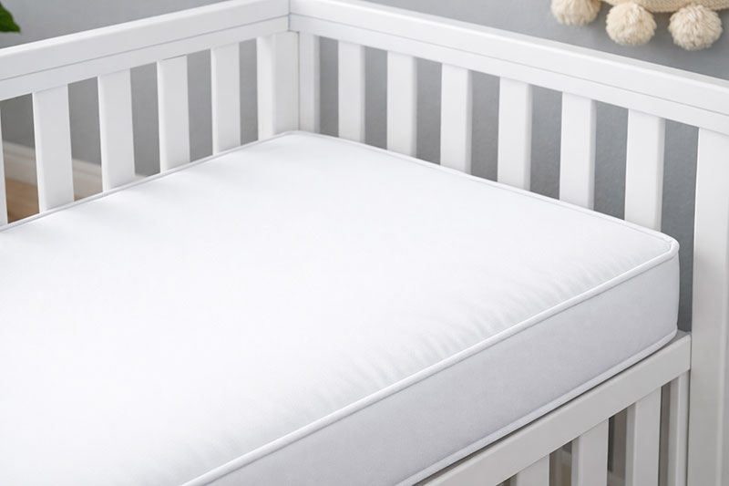 Crib mattress fitting securely inside a standard crib with no visible gaps