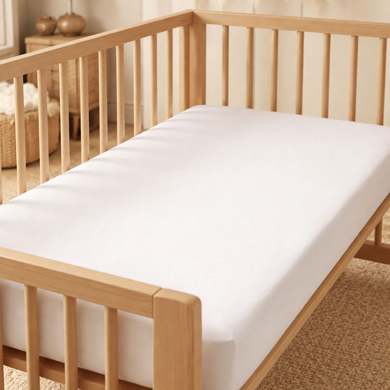 Flat firm crib mattress surface inside a crib with a tight fitted sheet and no soft bedding