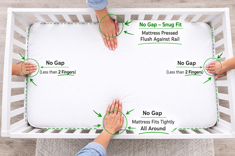Close up showing crib mattress edge meeting crib frame with minimal gap and a smooth fitted sheet