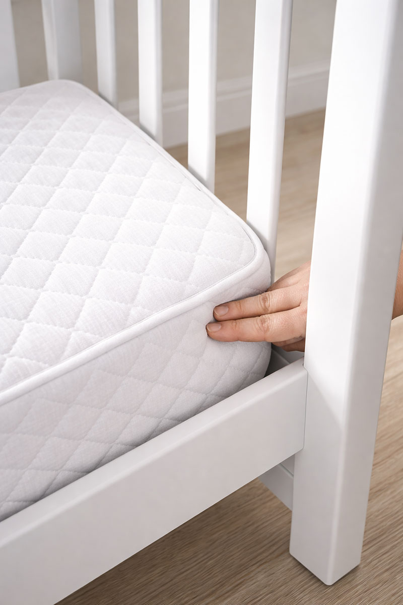 Checking crib mattress fit for gaps along the crib rail using a simple two-finger test
