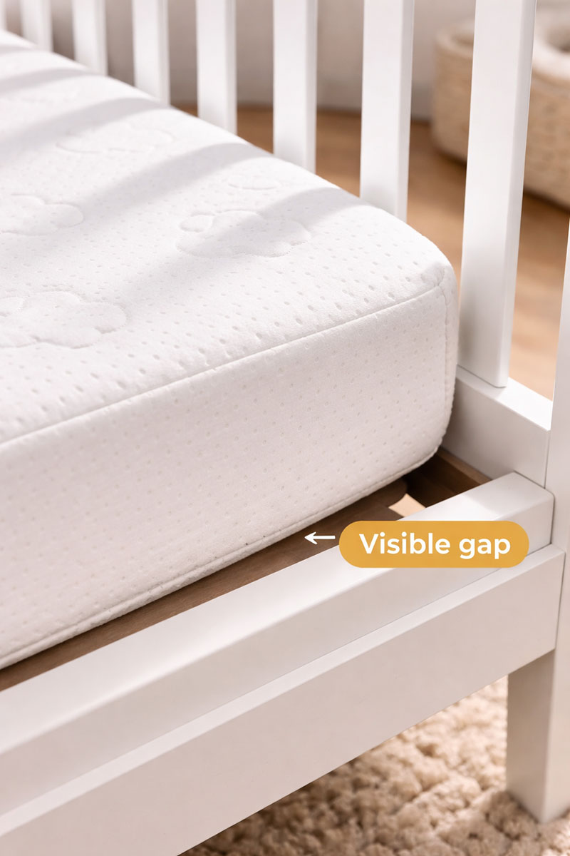 Close view of crib mattress showing visible gap between mattress and crib frame