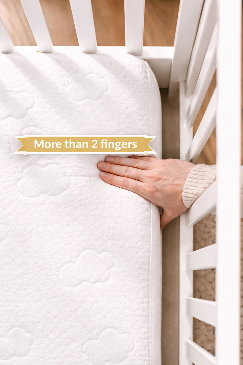 Measuring gap between crib mattress and frame showing unsafe spacing