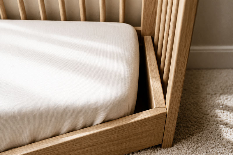 Close-up of crib mattress showing unsafe gap between mattress and crib frame