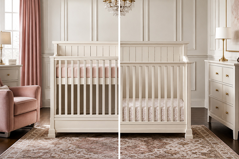 Crib mattress height adjustment showing high and low crib mattress settings for different baby stages
