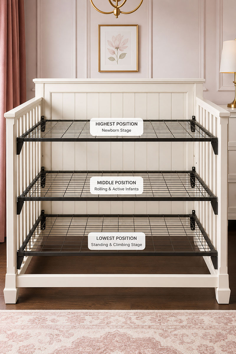 Crib mattress height adjustment showing multiple mattress support levels inside a standard baby crib frame