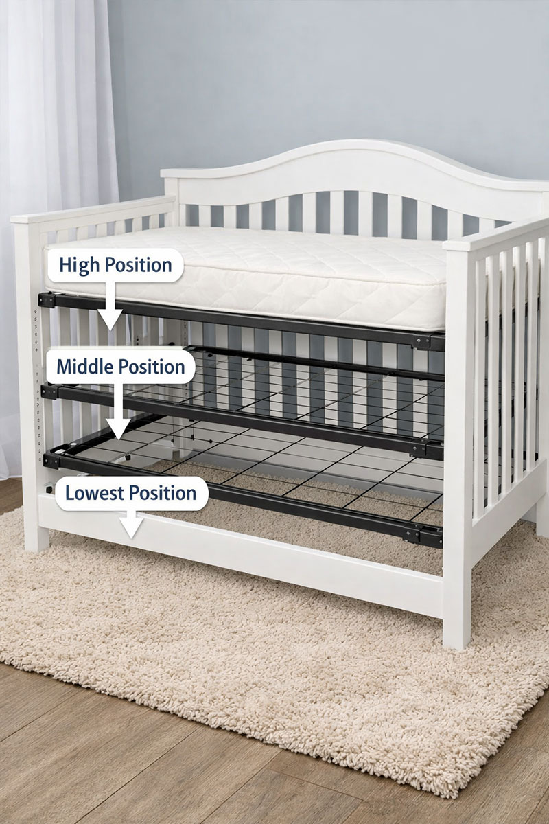 Crib mattress height adjustment showing multiple mattress support levels inside a standard baby crib frame
