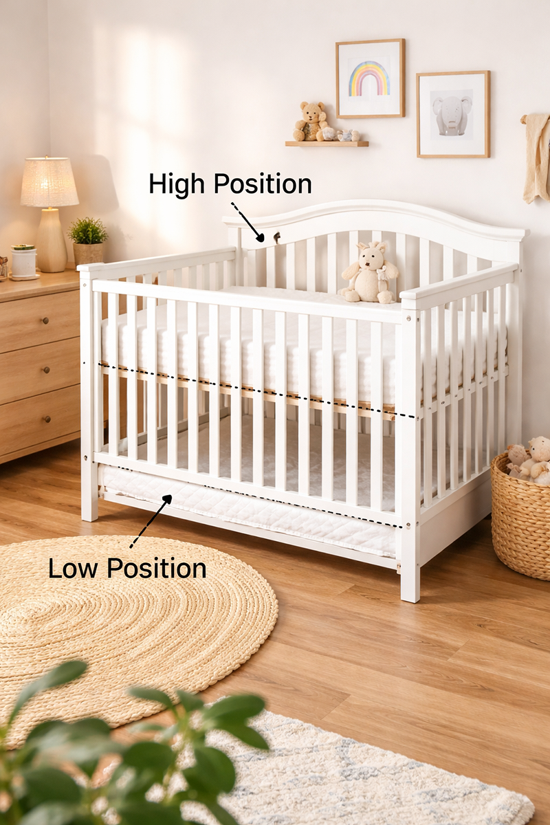 Crib mattress height adjustment showing raised and lowered mattress positions inside a baby crib