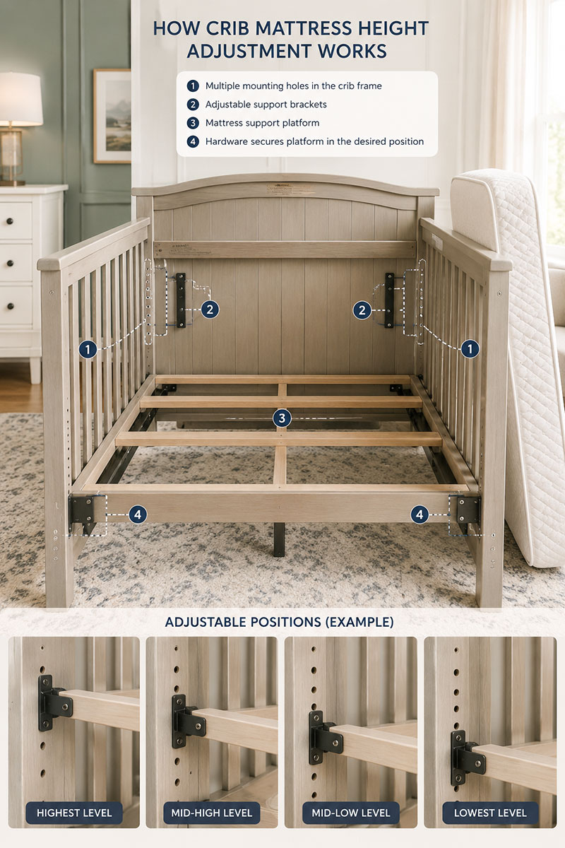 Crib mattress support brackets and attachment points used to create different mattress height levels