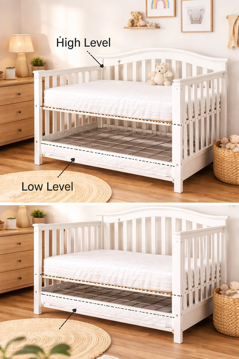 Crib mattress height settings showing the mattress support platform at high and low levels