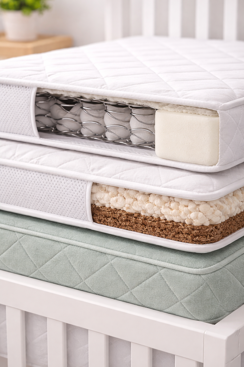 Crib mattress materials shown in cross section including foam, coils, and fiber layers