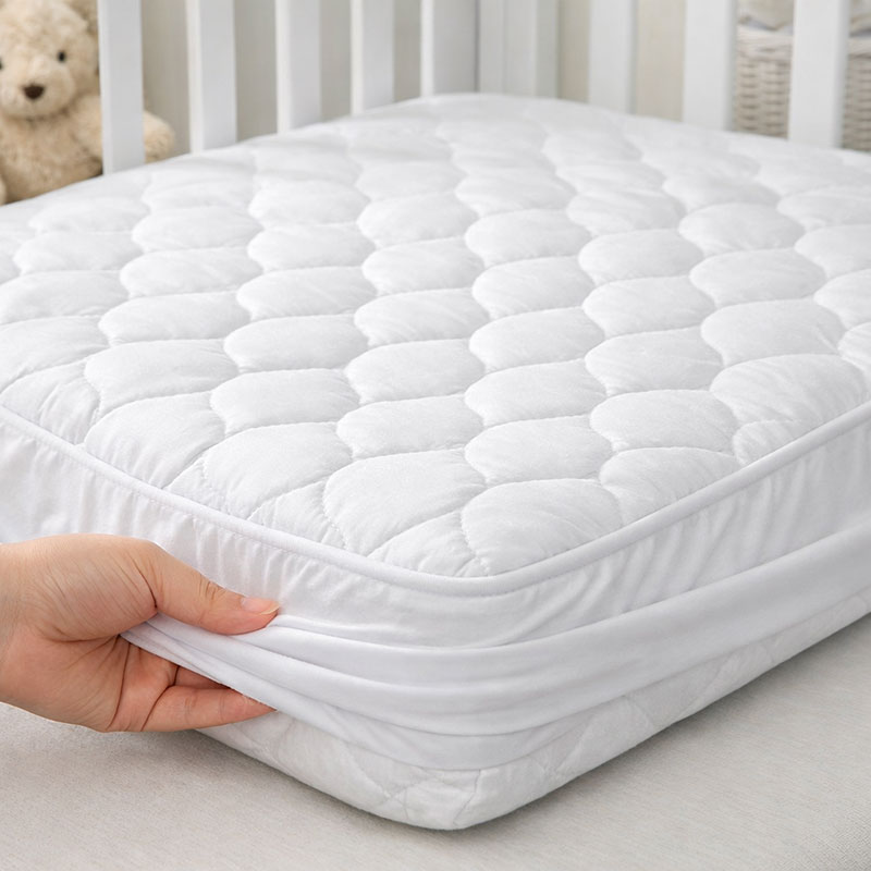 Fitted crib mattress protector stretched smoothly over a crib mattress