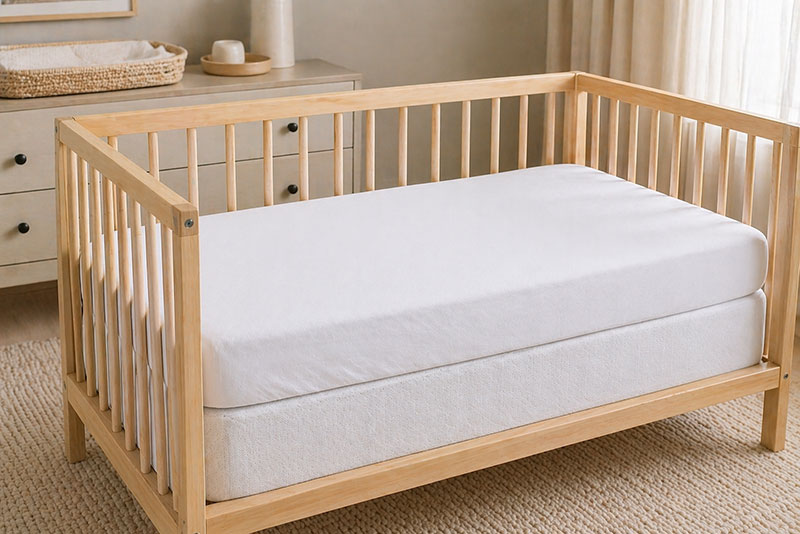 Crib sheet fitted smoothly over a protector on a crib mattress in a modern nursery