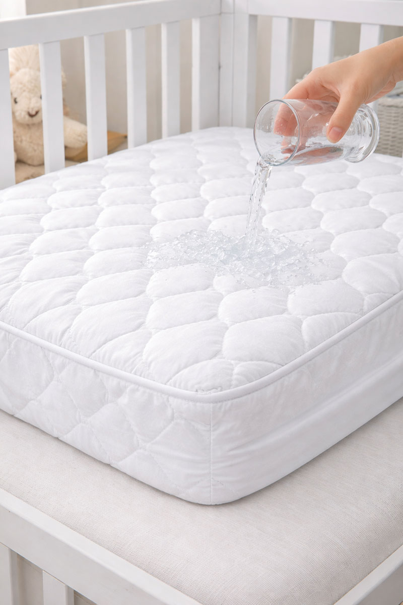 Waterproof crib mattress protector fitted securely on a standard crib mattress