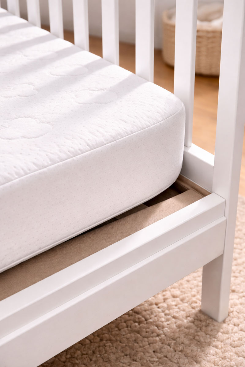 Crib mattress slightly smaller than crib frame creating visible side gap