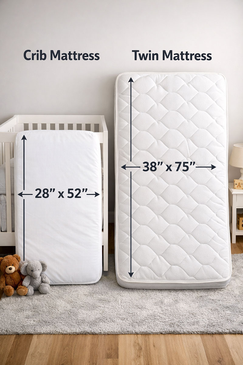 Crib mattress compared to twin mattress showing size difference and fit