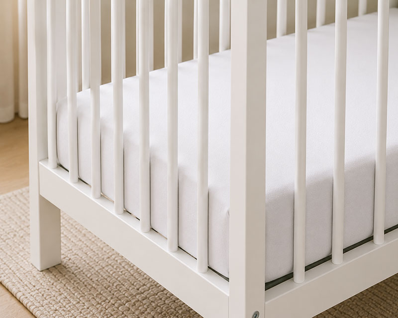 Corner view of crib mattress showing tight fit against crib rails with no gaps
