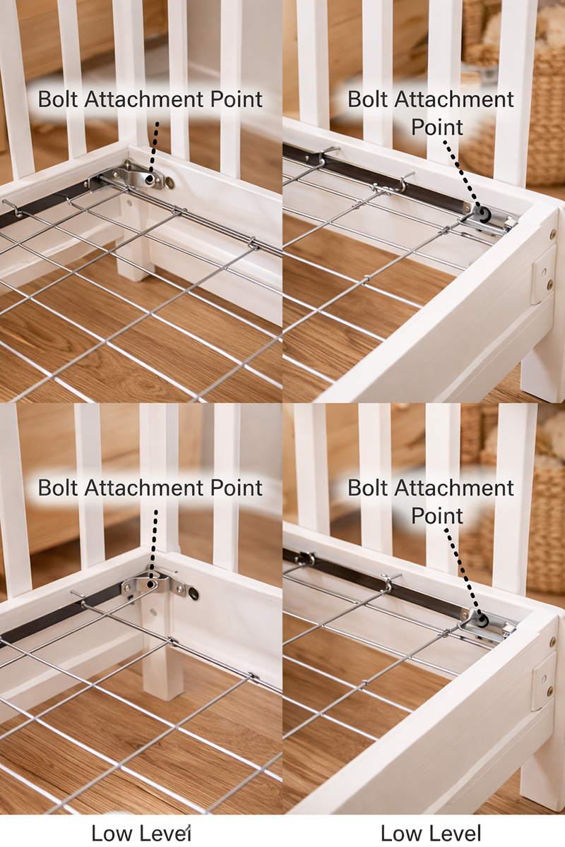Crib mattress support frame attachment points showing bolt locations at the corners