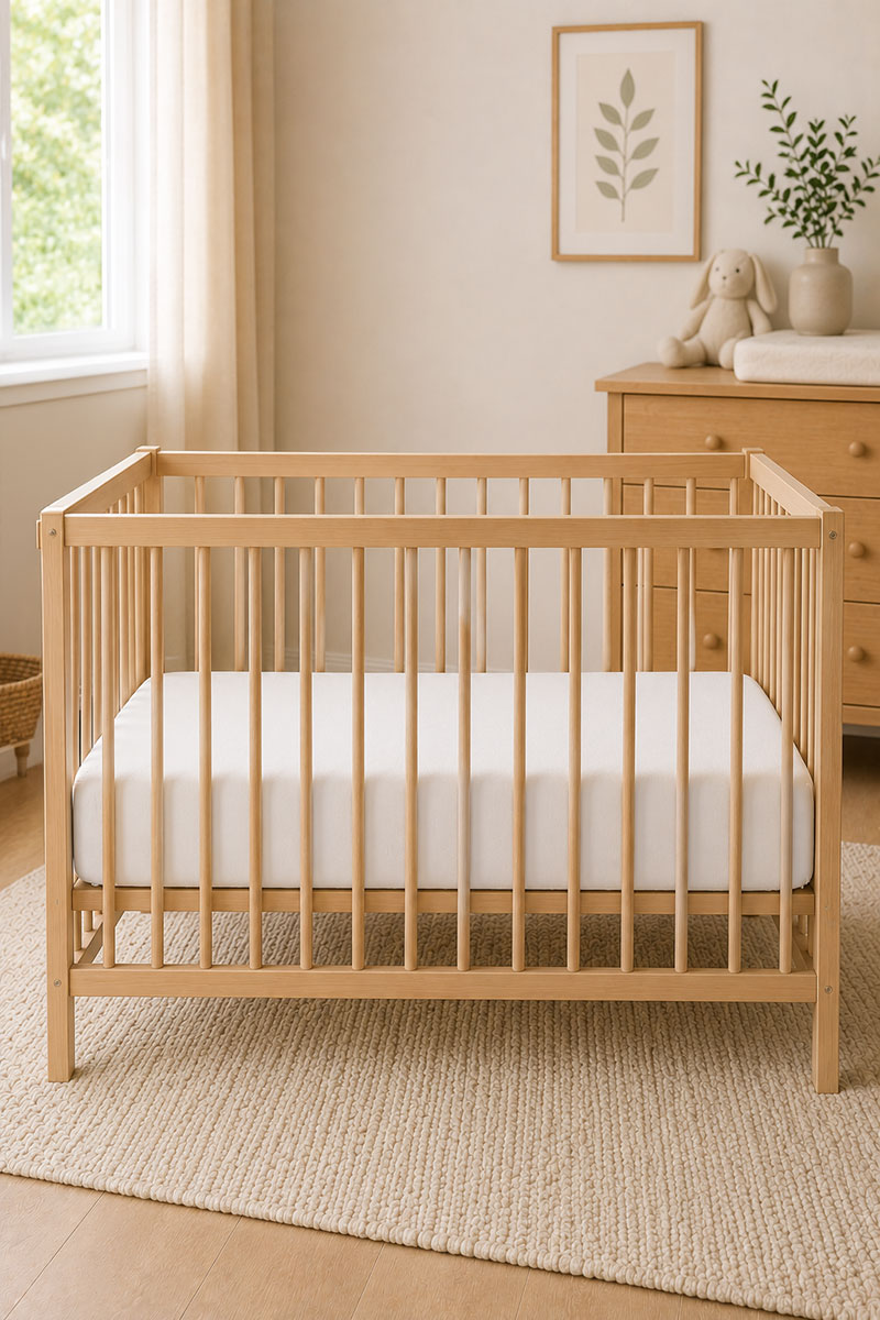 Crib mattress showing appropriate thickness and firmness on a standard baby crib frame