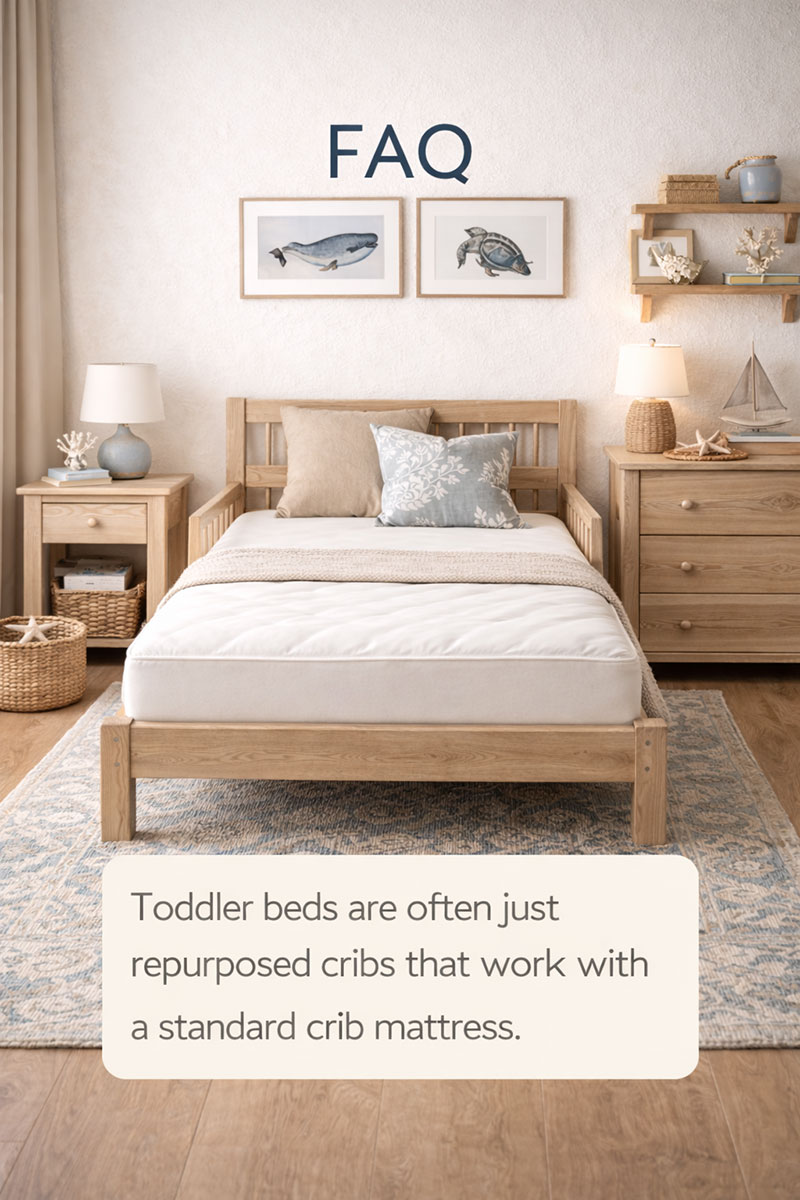 Neutral toddler room with a low bed, soft bedding, and classic coastal decor