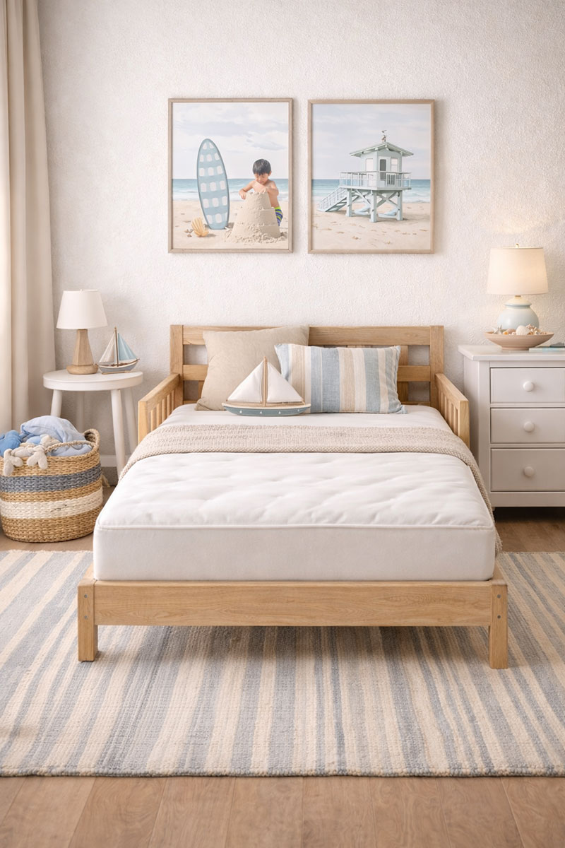 Parent friendly modern toddler room with low bed and calm neutral styling
