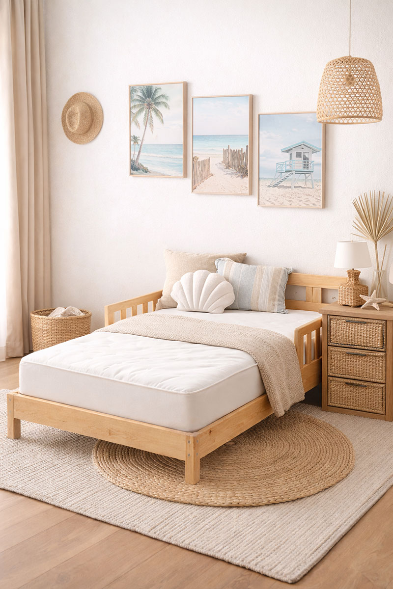 Standard crib mattress placed on a toddler bed frame in a calm modern nursery