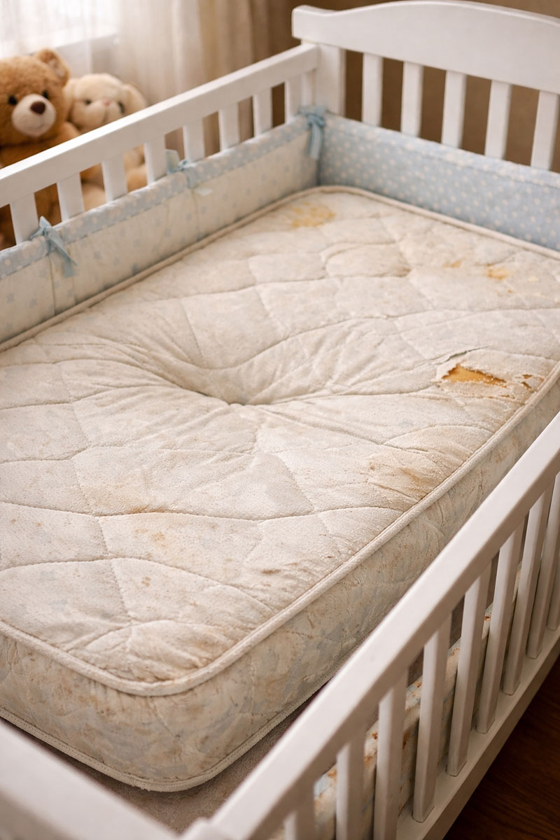 Crib mattress showing sagging and surface wear inside a crib