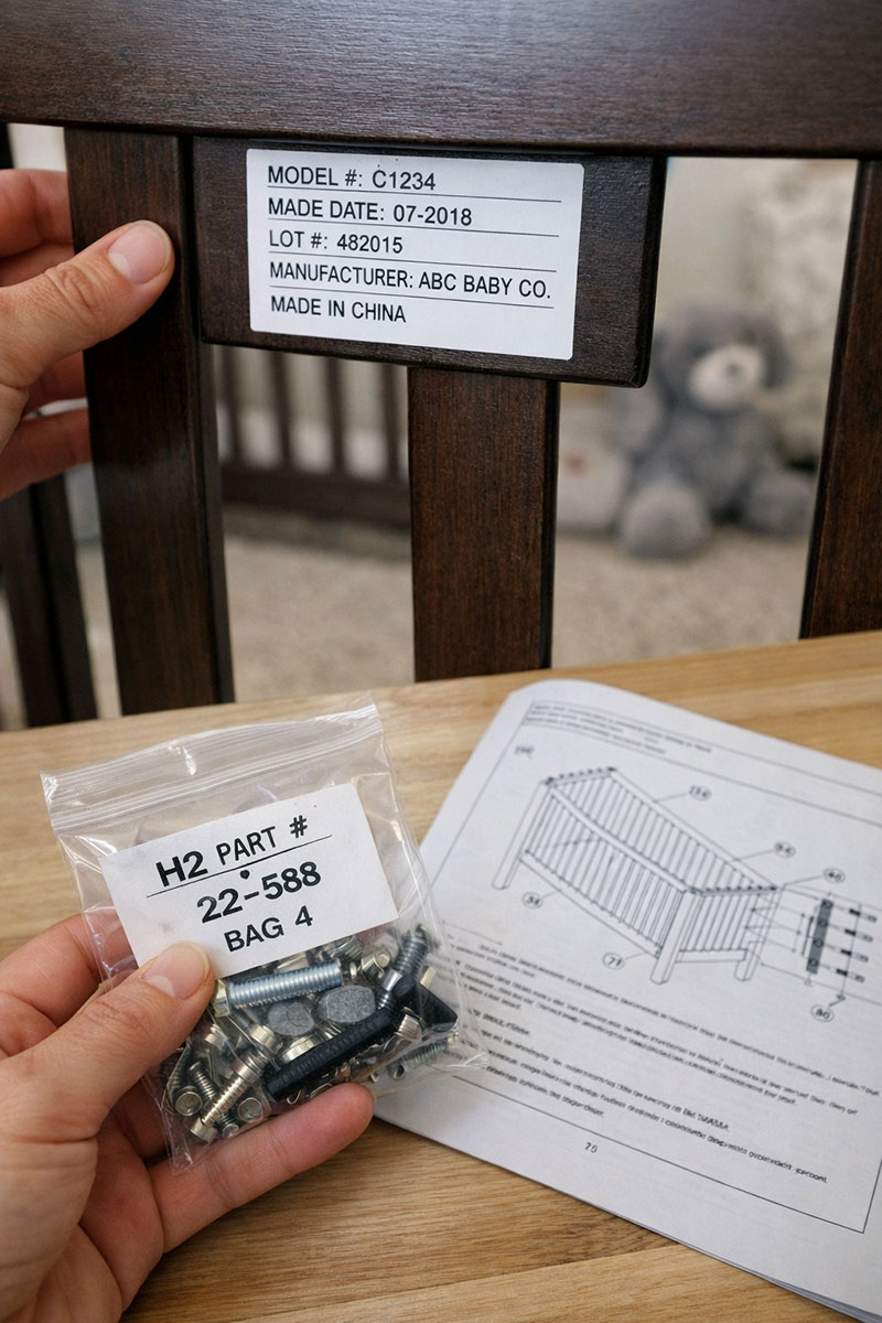 Crib model label on frame and small hardware bag with printed code shown for identification reference
