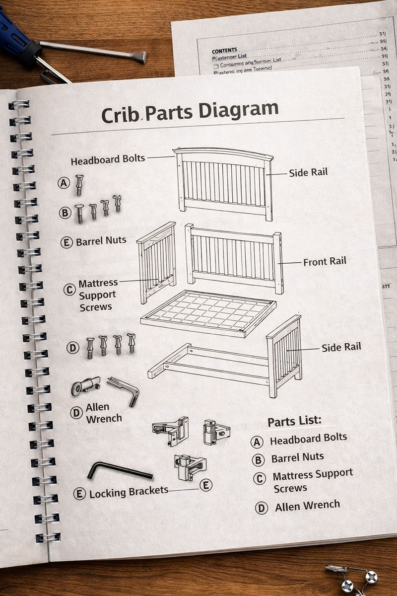 Crib parts diagram showing labeled components used for brand-specific crib parts identification