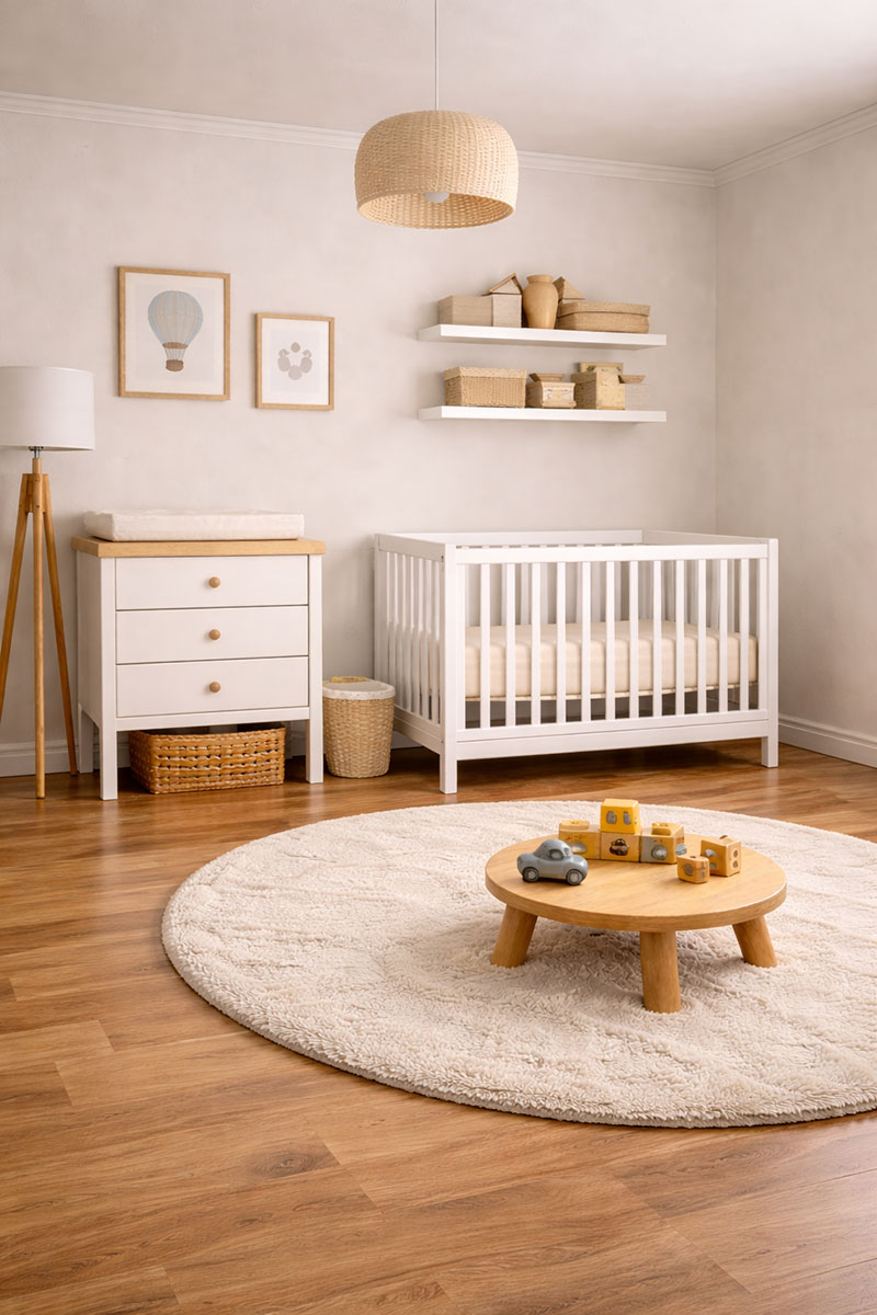 compact nursery crib placement with clear space and no cords near the crib