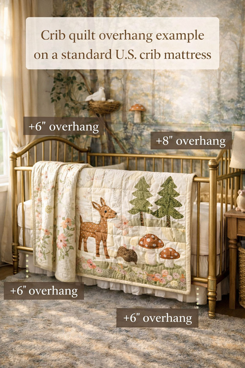 Example of crib quilt overhang on a standard U.S. crib mattress