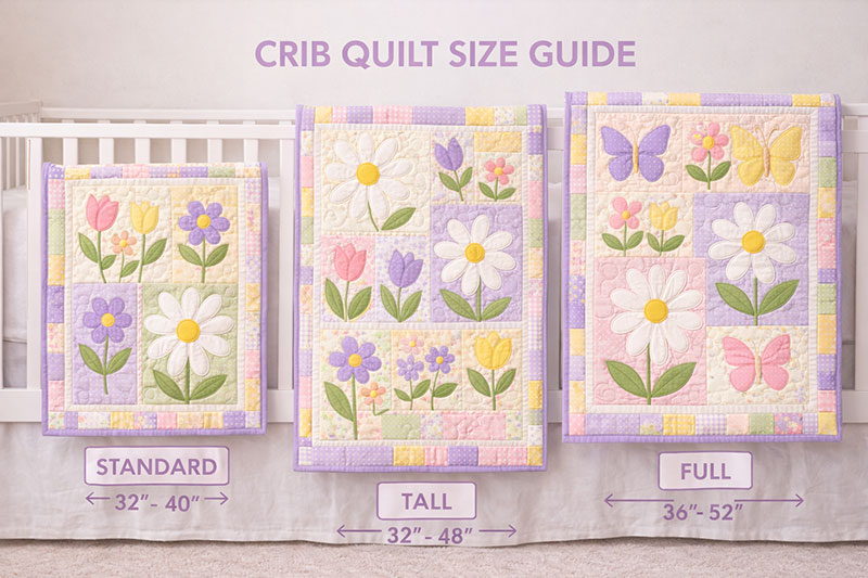 crib quilt size guide showing common baby quilt dimensions