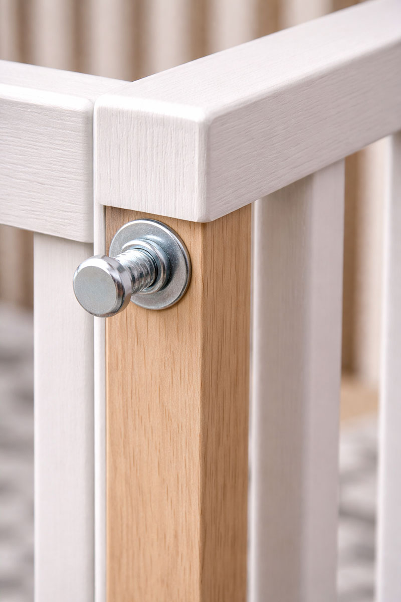 Close-up of a crib side rail bolt and connector seated flush with washer in place