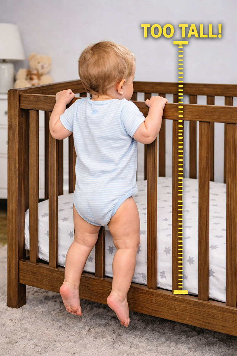 Toddler standing in a crib showing how rail height relates to stop-use limits