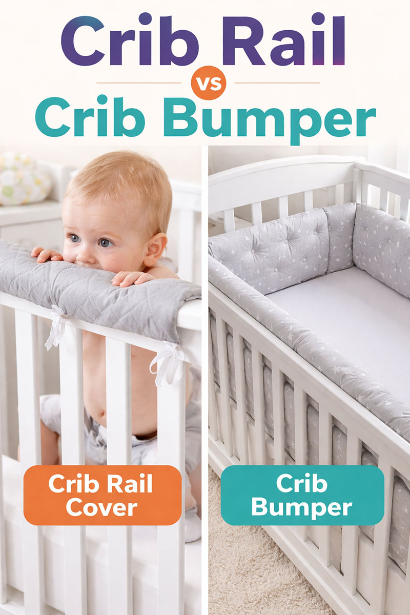 Crib rail cover on the top rail compared with a crib bumper lining the inside of a crib