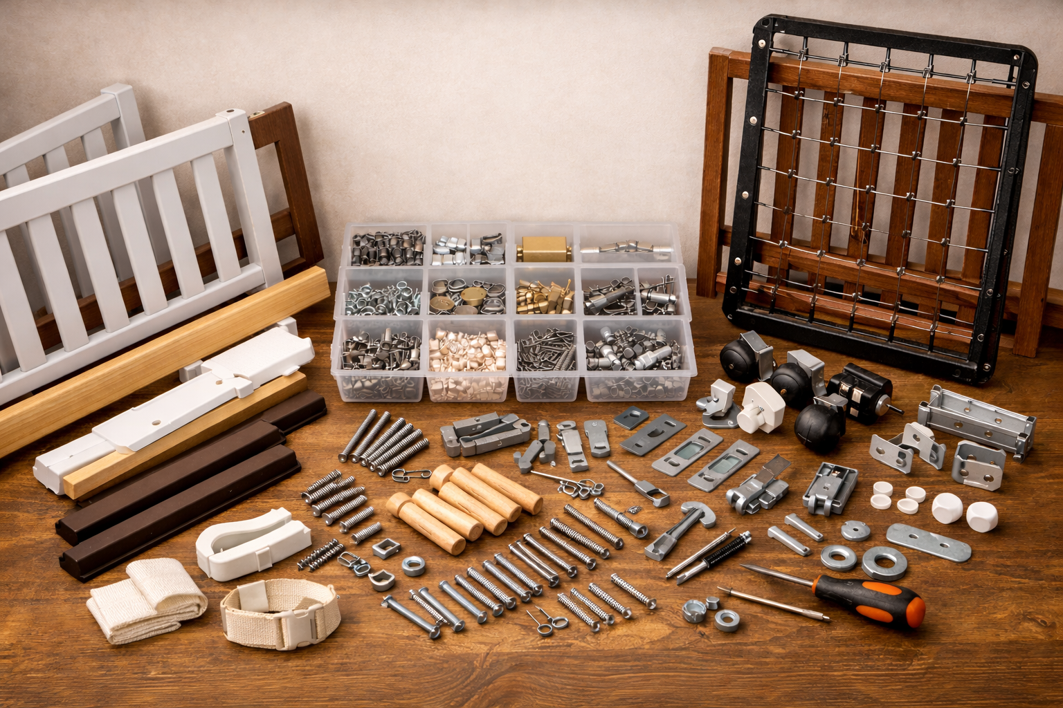 crib replacement parts including hardware kits, bolts, screws, and crib components organized by brand
