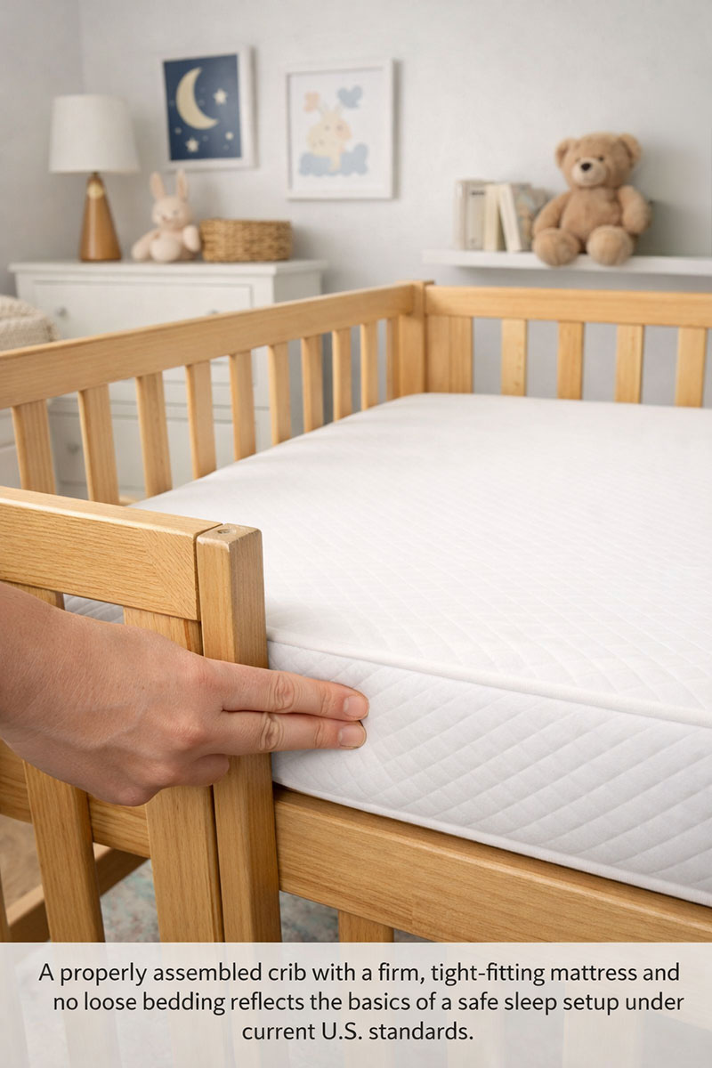 Safe sleep crib setup showing a two finger tests on a firm mattress, tight fit, fixed sides, and no loose bedding