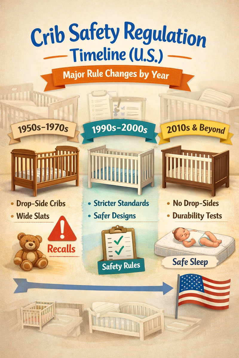 Crib safety regulation timeline showing historical U.S. crib design changes and safety standards