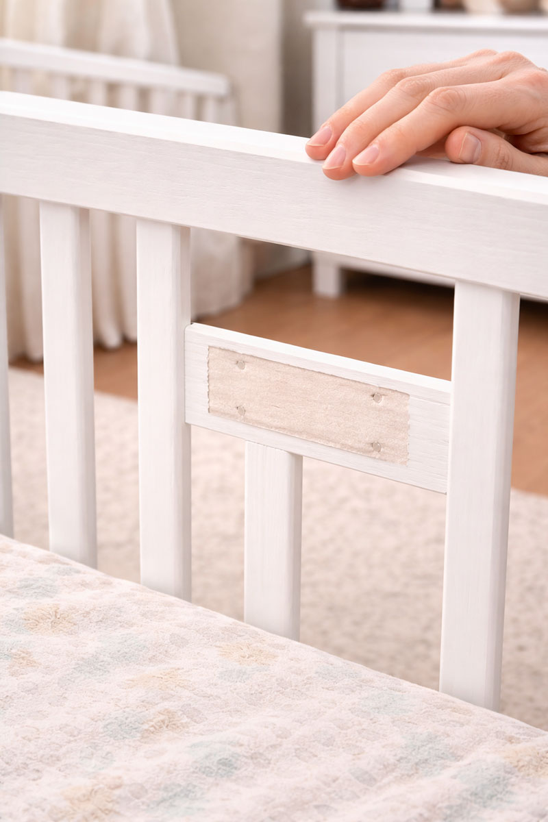 Secondhand crib with missing model label highlighting why identification matters for crib safety standards