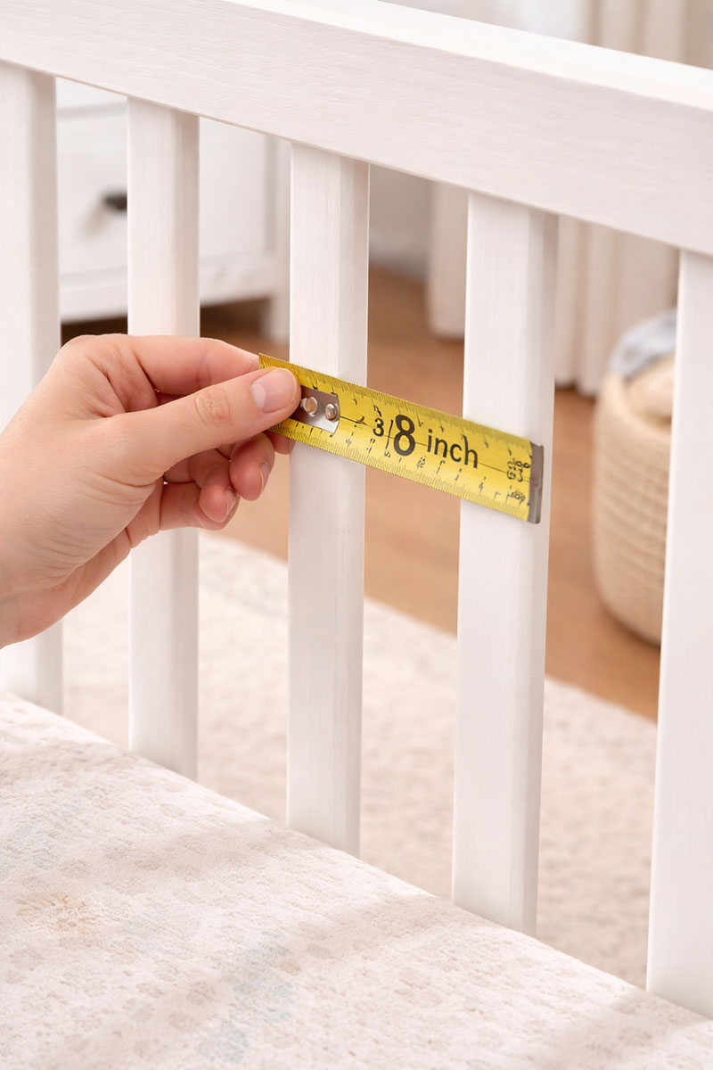 Close view of crib slats showing uniform spacing consistent with modern crib safety standards