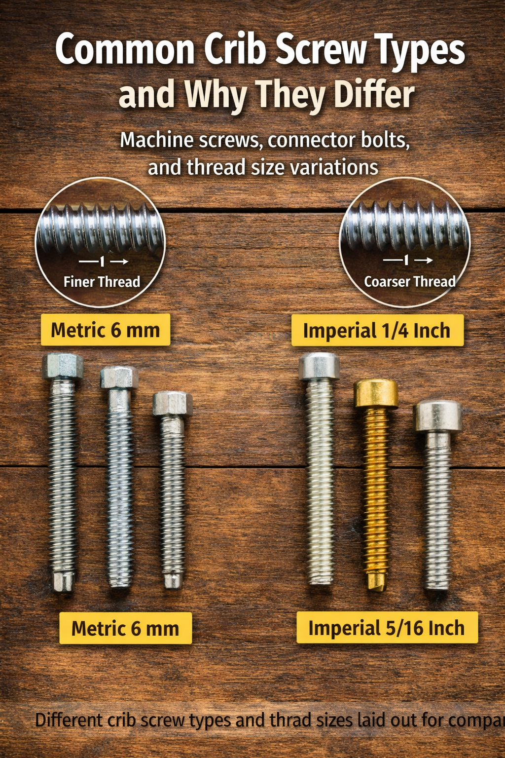 Different crib screw types and thread sizes laid out for comparison