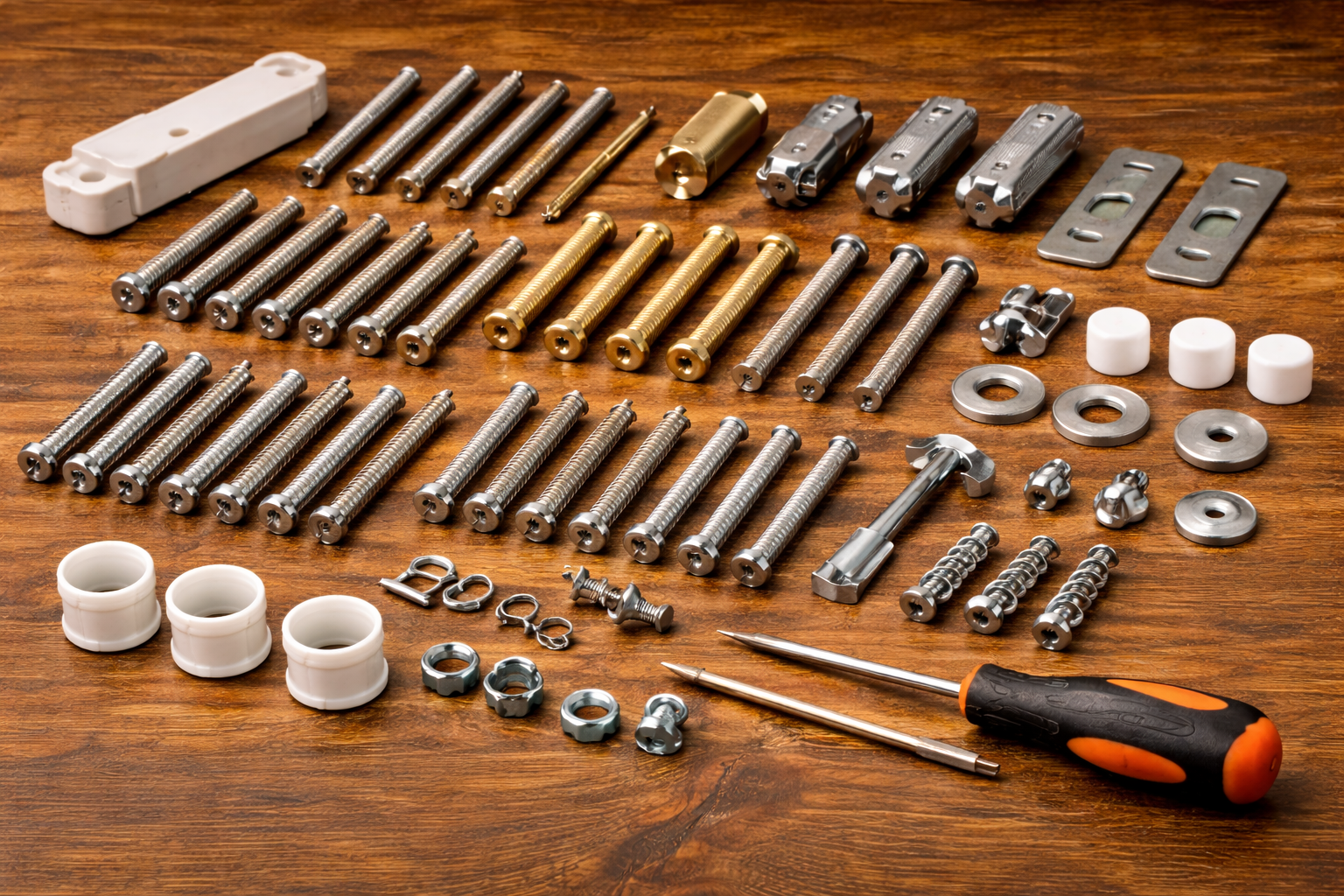 crib screws and bolts assortment with washers and spacers laid out for comparison on a wooden work surface