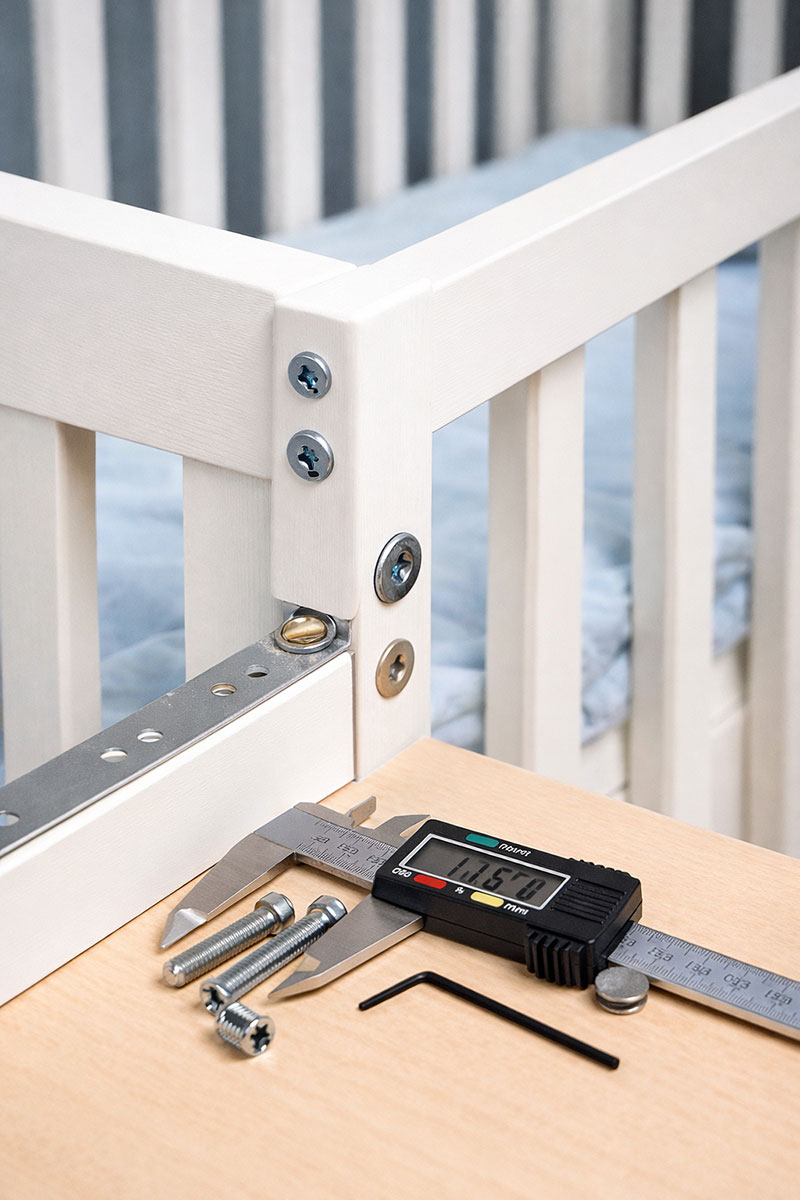 Baby crib corner with crib screws and hardware secured correctly during assembly