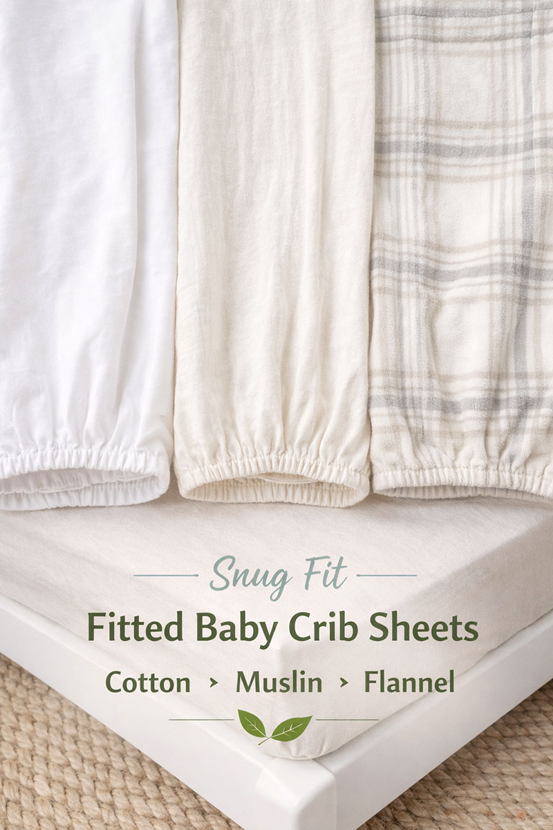 Cotton, muslin, and flannel crib sheet fabrics laid out to compare texture and thickness