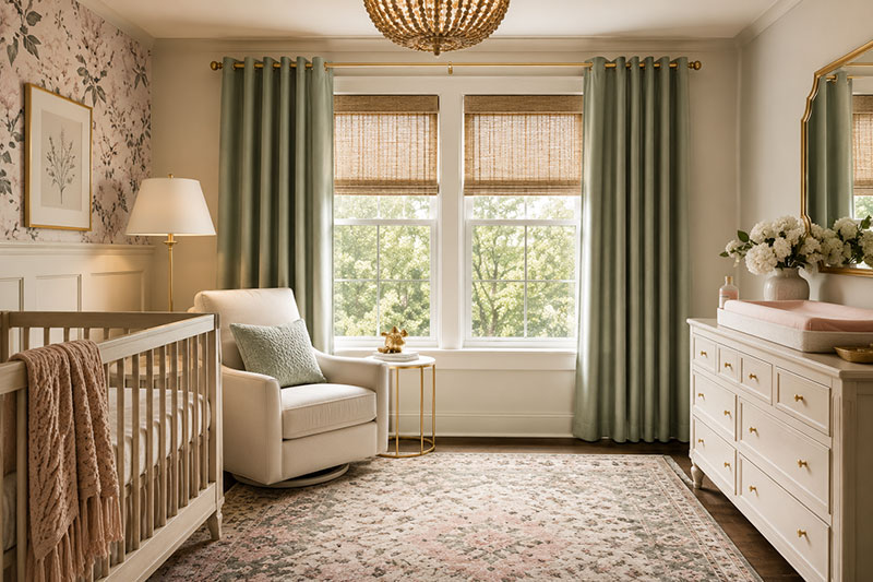 Nursery window treatments viewed from the crib area with cordless shade and curtain panels